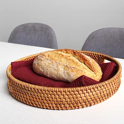 Round Rattan Serving Tray Decorative Woven Ottoman Trays for Coffee Table Natural Round Woven Tray, 14 Inch