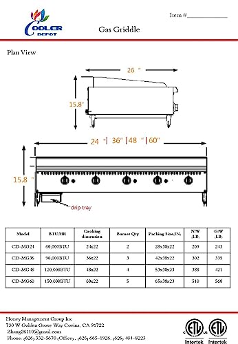 Commercial Griddle Manual 36" Countertop Natural Gas - 90000 BTU NSF CD-MG36