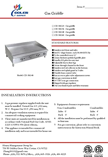 Commercial Griddle Manual 36" Countertop Natural Gas - 90000 BTU NSF CD-MG36