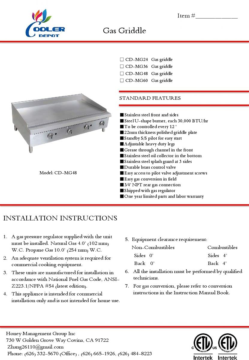 Commercial Griddle Manual 48" Countertop Natural Gas - 120000 BTU NSF CD-MG48