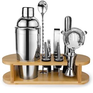cocktail shaker set with bamboo stand, 12-piece bartender kit with stainless steel bar accessories, gifts for men dad cocktail lovers, home essentials bar set drink mixer set with cocktail recipes