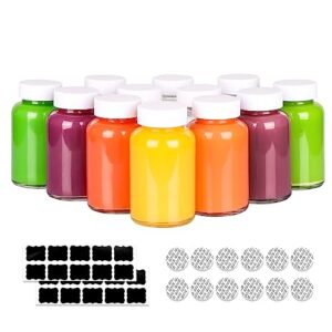 HINGWAH 12 Pack 4 OZ Glass Shot Bottles with Caps, 120 ML Empty Wellness Juice Shot Bottles, Reusable Clear Glass Bottles for Juice, Shots and Homemade Beverages