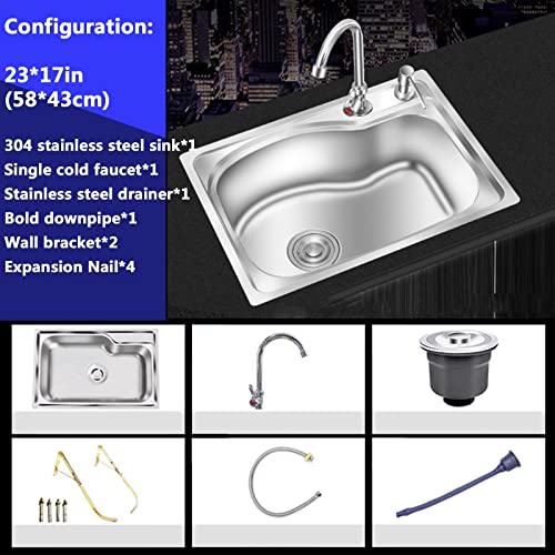 Kitchen sinks,wall mounted stainless steel sink,bar sink,304 stainless steel kitchen sink single bowl Suitable for hotel, outdoor, restaurant, kitchen, garage, laundry room (Size : 58 * 43cm)