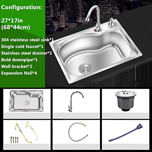 Kitchen sinks,wall mounted stainless steel sink,bar sink,304 stainless steel kitchen sink single bowl Suitable for hotel, outdoor, restaurant, kitchen, garage, laundry room (Size : 58 * 43cm)