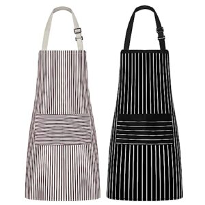 syntus kitchen cooking apron, 2 pack adjustable bib chef aprons for women men with 2 pockets, l-black/brown stripes