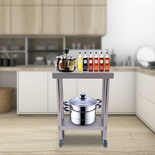 Commercial Stainless Steel Work Table, 30/45cm Kitchen Equipment Food Prep Table with Undershelf+Wheels Shelf Prep Table (60 * 45 * 85cm)