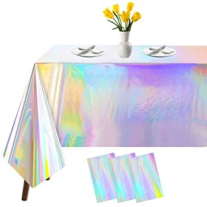 3 Pack Iridescent Tablecloth, 54" x 108" Birthday Party Table Cloths Iridescence Plastic Disposable Table Covers Iridescent Disco Party Decorations, Mermaid Birthday Decor Tablecloth for Buffet Table