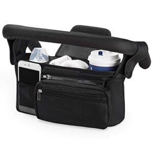patpat universal stroller organizer with 2 insulated cup holders detachable zippered bag mesh pocket & adjustable shoulder strap fits for all, black
