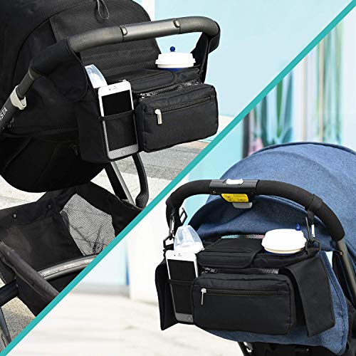 PATPAT Universal Stroller Organizer with 2 Insulated Cup Holders Detachable Zippered Bag Mesh Pocket & Adjustable Shoulder Strap Fits For All, Black