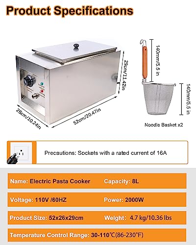 DYRABREST Commercial Electric Pasta Cooker,2 Holes Noodle Cooking Machine,Pasta Makers 110V Cooker Machine with Stainless Steel Lid and 2 Food-Grade Filter for cooking noodles, pasta, dumplings, soup