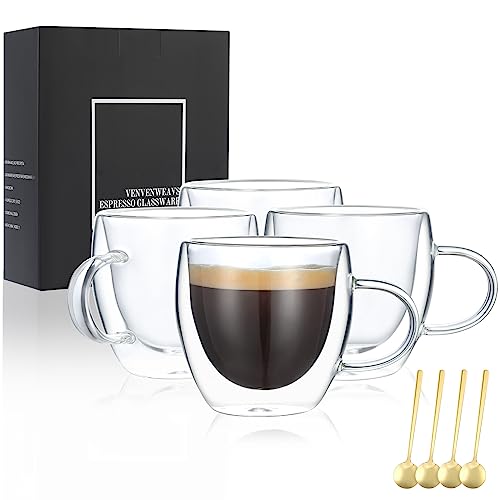 VENVENWEAVS Espresso Cups Set Of 4,Double Wall 5OZ Hand Blown Espresso Shots Glass,Espresso Coffee Mugs In Gift Box,Perfect For Espresso,Latte, Cappuccinos, Tea Bag, Juice