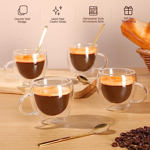 VENVENWEAVS Espresso Cups Set Of 4,Double Wall 5OZ Hand Blown Espresso Shots Glass,Espresso Coffee Mugs In Gift Box,Perfect For Espresso,Latte, Cappuccinos, Tea Bag, Juice