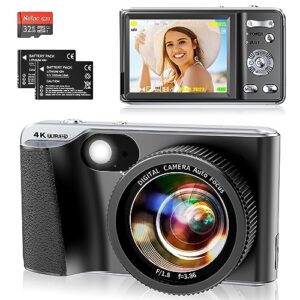 4k digital camera,auto focus 48mp vlogging camera for youtube and anti-shake video camera with 3'' tps screen, flash,18x zoom travel portable digital camera with 32gb card,2 batteries (black)