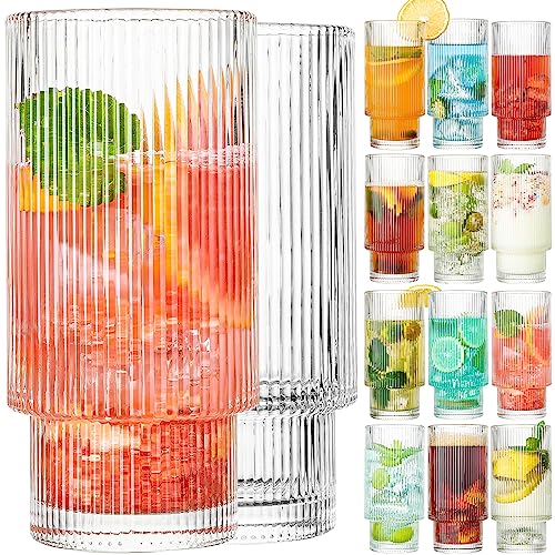 wookgreat Drinking Glasses, 16oz Origami Style Glass Cups with straw, 12 pcs Highball Glasses, Elegant Ripple Vintage Glassware, Ribbed Glasses, Iced Coffee Glasses Ideal for Cocktail Whiskey, Juice