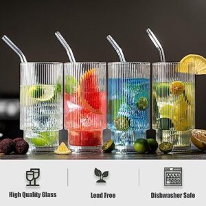 wookgreat Drinking Glasses, 16oz Origami Style Glass Cups with straw, 12 pcs Highball Glasses, Elegant Ripple Vintage Glassware, Ribbed Glasses, Iced Coffee Glasses Ideal for Cocktail Whiskey, Juice