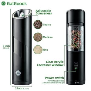 GATGOODS Gravity Electric Salt and Pepper Grinder Set, Adjustable Coarseness, Warm LED Light, One-handed Automatic Operation, Battery Powered, Black, Electric Pepper Mills