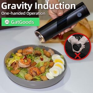 GATGOODS Gravity Electric Salt and Pepper Grinder Set, Adjustable Coarseness, Warm LED Light, One-handed Automatic Operation, Battery Powered, Black, Electric Pepper Mills