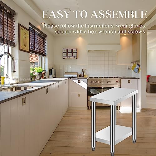 ATMTV Stainless Steel Table for Prep & Work 30x24 Inches, NSF Metal Commercial Kitchen Table with Adjustable Under Shelf and Foot for for Restaurant, Warehouse, Home, Kitchen, Garage