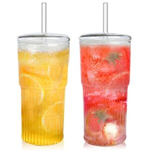 cayorepo 2 packs 20 oz glass cups with lids and straws, glass coffee tumbler, tumbler water glass, water bottle, thick wall glass coffee mug iced tea cup (clear (2pcs 20oz))