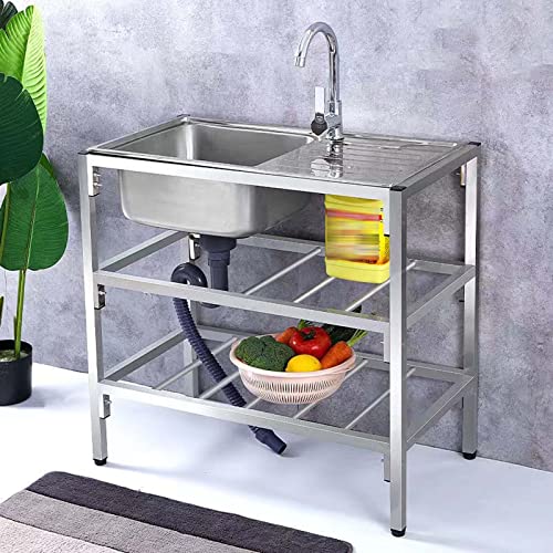 Single Bowl Utility Sink, Freestanding Kitchen Sink, Stainless Steel Commercial Dining Room with Hot and Cold Water Faucet and Drain for Laundry Backyard Garage Camping Bathroom