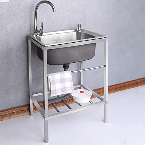 Freestanding kitchen sink, outdoor sink, stainless steel sink with hot and cold water faucet, shelf and drain, suitable for indoor, garage, laundry room, kitchen, outdoor, etc. ( Size : 53*38cm/20*15i