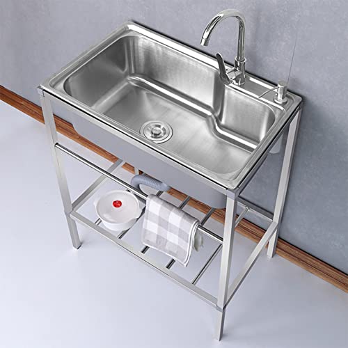 Freestanding kitchen sink, outdoor sink, stainless steel sink with hot and cold water faucet, shelf and drain, suitable for indoor, garage, laundry room, kitchen, outdoor, etc. ( Size : 53*38cm/20*15i