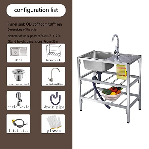 Stainless steel sink, free standing kitchen sink, outdoor garden sink with hot and cold water faucet and storage rack for laundry room, backyard, garage, camping, garden, bathroom