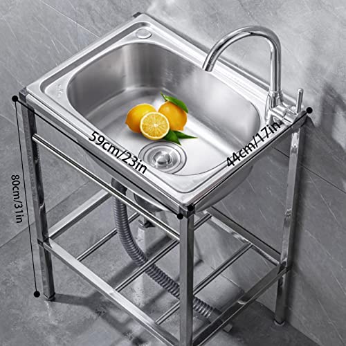 Stainless Steel Sink, Freestanding Kitchen Sink, Utility Sink with Hot and Cold Water Tap, Storage Rack, Suitable for Indoor, Garage, Laundry Room, Kitchen, Bathroom, etc. ( Size : 59*44*80cm/23*17*31