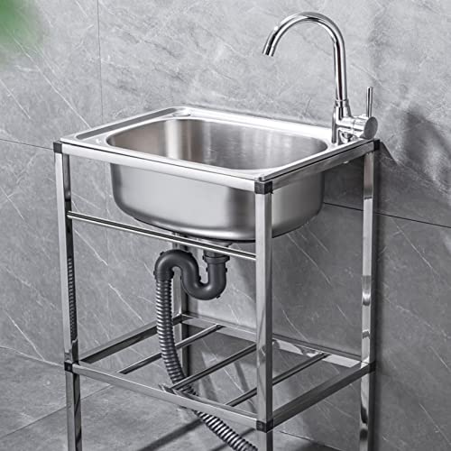 Stainless Steel Sink, Freestanding Kitchen Sink, Utility Sink with Hot and Cold Water Tap, Storage Rack, Suitable for Indoor, Garage, Laundry Room, Kitchen, Bathroom, etc. ( Size : 59*44*80cm/23*17*31
