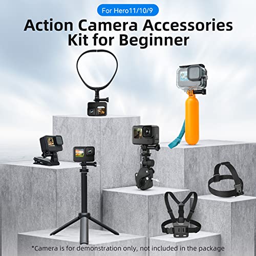 Adaptom Action Camera Accessories Kit w/Waterproof Case for GoPro, Neck Mount+Selfie Stick+Bike Mount for GoPro Hero 11 10 9 8 7 6 5 4 GoPro Max GoPro Fusion Insta360 DJI Osmo Most Action Camera