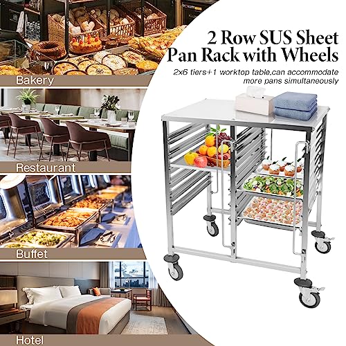 BriSunshine 2 Row Bakery Bun Pan Rack,2x6 Tiers Stainless Steel Sheet Pan Rack Trolley with Wheels & Top Table,Commercial Cooling Storage Rack Cart for Kitchen Restaurant,29.3" Lx21.6 Wx37.2 H