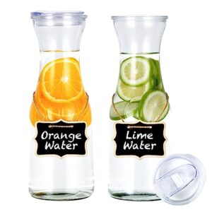 richro glass carafe with lids & tags, beverage dispensers jugs for mimosa bar, glass pitcher wine iced tea milk and juice, water pitcher for fridge with sliding lids, dishwasher safe, 33 oz, set of 2