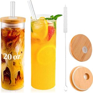 glass cups with lids and straws, 20 oz drinking glasses with bamboo lids, can shaped glass cups, reusable clear iced coffee cups for smoothie, juice, milk, whiskey, soda, tea, water- 2 pack