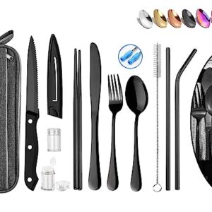 Portable Reusable Travel Utensils Silverware with Case,Travel Camping Cutlery set,Chopsticks and Straw, Flatware Cutlery Set with Case, Stainless steel Travel Utensil set Top (Black)