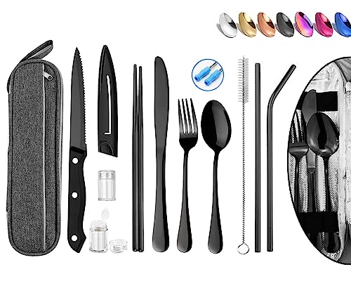 Portable Reusable Travel Utensils Silverware with Case,Travel Camping Cutlery set,Chopsticks and Straw, Flatware Cutlery Set with Case, Stainless steel Travel Utensil set Top (Black)