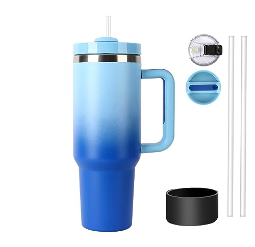 DREAMING MY DREAM 40oz Tumbler with Handle, H2.0 Tumbler Reusable Vacuum, Insulated Tumbler With Lid and Straws, Insulated Cup, Leak Resistant Lid (Gradient Blue or Sky Blue)