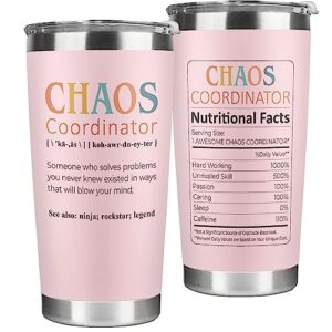 chaos coordinator gifts cup - thank you appreciation office gifts for women, her, mom, coworker, manager, teacher, nurse, supervisor, wedding planner - boss lady gifts for women - 20 oz pink tumbler