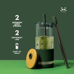 Pandaloo Glass Cups With Lids and Straws -20 Fl Oz- Perfect Size Iced Coffee Cup - Smoothie Cup With Bamboo Lid and On the go Lid - Glass Tumbler With Straw and Lid - BPA Free - Lilac Rhapsody