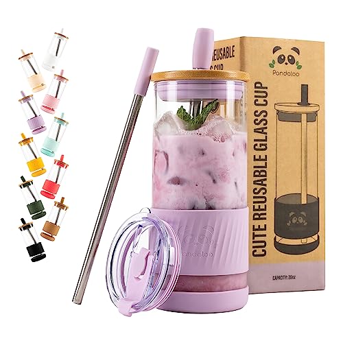 Pandaloo Glass Cups With Lids and Straws -20 Fl Oz- Perfect Size Iced Coffee Cup - Smoothie Cup With Bamboo Lid and On the go Lid - Glass Tumbler With Straw and Lid - BPA Free - Lilac Rhapsody