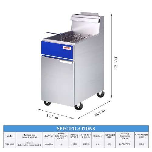 KITMA Commercial Deep Fryer - 40lb Natural Gas Deep Fryer Commercial 3 Tubes with 2 Baskets Floor Fryer Restaurant Equipment - 102,000 B.T.U/h