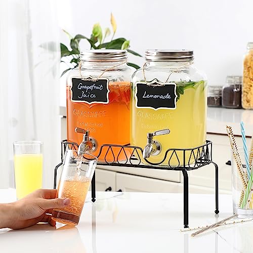 1-Gallon Glass Drink Dispenser with Stand and Lid, 18/8 Stainless Steel Spigot, [2 Pack] Glass Beverage Dispensers for Parties - Mason Jar Drink Dispensers with Lids, Wooden Chalkboards