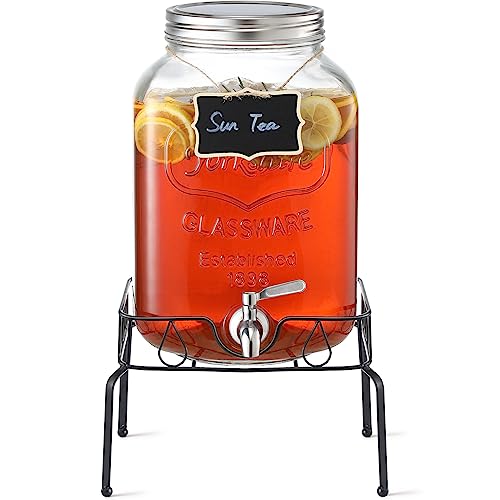 2 Gallon Glass Beverage Dispenser with Stand and Lid, 18/8 Stainless Steel Spigot - Glass Drink Dispensers for Parties - Mason Jar Drink Dispensers with Lids