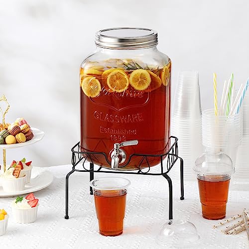 2 Gallon Glass Beverage Dispenser with Stand and Lid, 18/8 Stainless Steel Spigot - Glass Drink Dispensers for Parties - Mason Jar Drink Dispensers with Lids