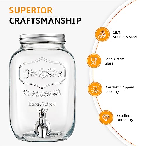 2 Gallon Glass Beverage Dispenser with Stand and Lid, 18/8 Stainless Steel Spigot - Glass Drink Dispensers for Parties - Mason Jar Drink Dispensers with Lids