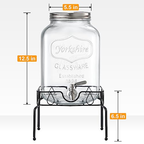 2 Gallon Glass Beverage Dispenser with Stand and Lid, 18/8 Stainless Steel Spigot - Glass Drink Dispensers for Parties - Mason Jar Drink Dispensers with Lids