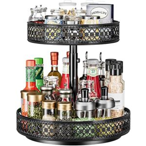 lazy susan organizer 2 tier - turntable spice rack 12 inch adjustable metal rotating lazy susan for cabinet pantry kitchen countertop dining table cupboard bathroom vanity storage black