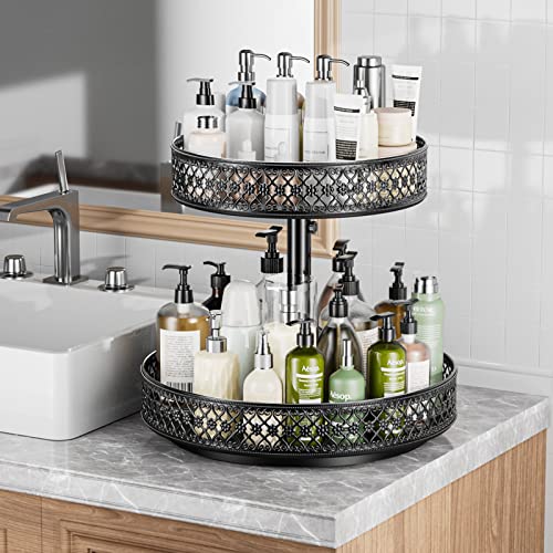 Lazy Susan Organizer 2 Tier - Turntable Spice Rack 12 inch Adjustable Metal Rotating Lazy Susan for Cabinet Pantry Kitchen Countertop Dining Table Cupboard Bathroom Vanity Storage Black