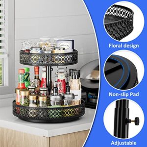 Lazy Susan Organizer 2 Tier - Turntable Spice Rack 12 inch Adjustable Metal Rotating Lazy Susan for Cabinet Pantry Kitchen Countertop Dining Table Cupboard Bathroom Vanity Storage Black