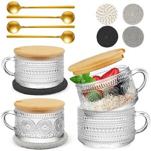akalol vintage coffee mugs,4pcs set overnight oats containers with lids coaster spoons - 14oz clear embossed glass cups,coffee bar accessories,iced coffee glasses,ideal for cappuccino,tea, latte