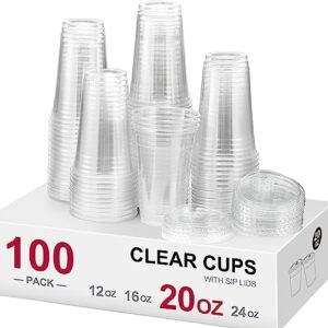 aozita 100 sets, 20 oz crystal clear plastic cups with sip lids, disposable cups with sip through lids for iced coffee, smoothie, milkshake, cold drinks